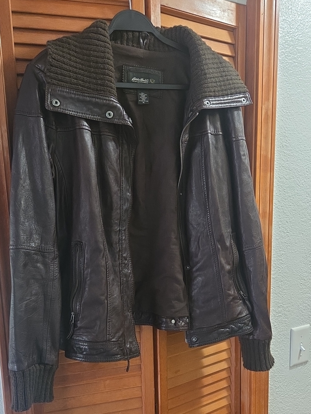 Vintage Eddie Bauer Dark Brown Leather Jacket with Knit Collar